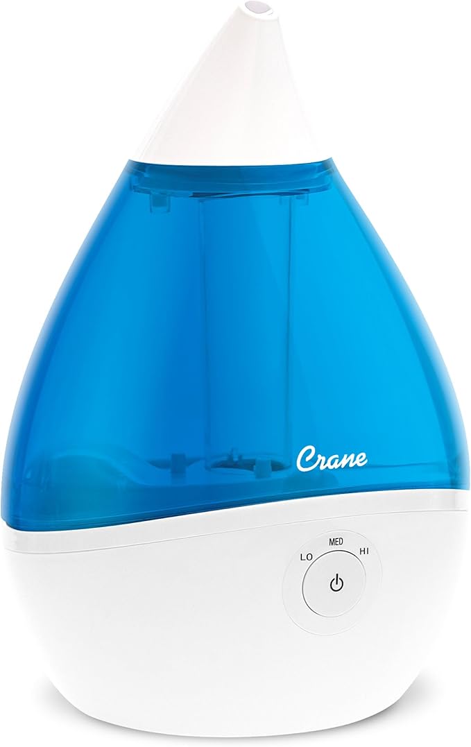 Crane Droplet Ultrasonic Small Air Humidifiers for Bedroom and Office, 0.5 Gallon Cool Mist Humidifier for Plants and Home, Humidifier Filters Optional, Blue and White