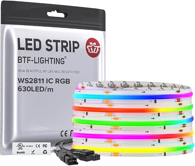 BTF-LIGHTING 16.4FT WS2811 Smart IC RGB DC12V FCOB COB LED Strip Light | UL Listed 630LEDs/m High Density Color Chasing Light 10mm Width for Home Party DIY Lighting(No Adapter or Controller)