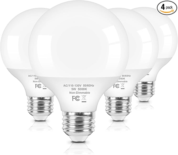Brightever G25 LED Globe Light Bulbs 60W Equivalent, 5000K Daylight White LED Vanity Light Bulbs with E26 Standard Base for Bathroom, 5W Round Light Bulb for Vanity Mirror, 600LM, 4-Pack, Non-Dimmable