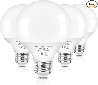 Brightever G25 LED Globe Light Bulbs 60W Equivalent, 5000K Daylight White LED Vanity Light Bulbs with E26 Standard Base for Bathroom, 5W Round Light Bulb for Vanity Mirror, 600LM, 4-Pack, Non-Dimmable
