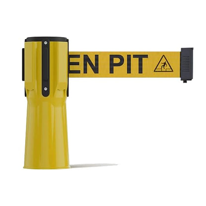 Trafford Industrial Cone-Mounted Retractable Belt Barrier, 11 Ft. | Yellow ABS Case, Yellow 2-inch Herringbone Belt with "Beware Open Pit" Black Letters, Belt-braking Control and 4-way Receiver