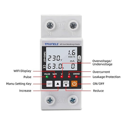 WiFi Smart Energy Meter AC 63A 80-300V WiFi Smart Earth Leakage Over Under Voltage Protector Relay Device Switch Breaker Energy Power kWh Meter Smart Life 110V,Compatible with Alexa Google Home