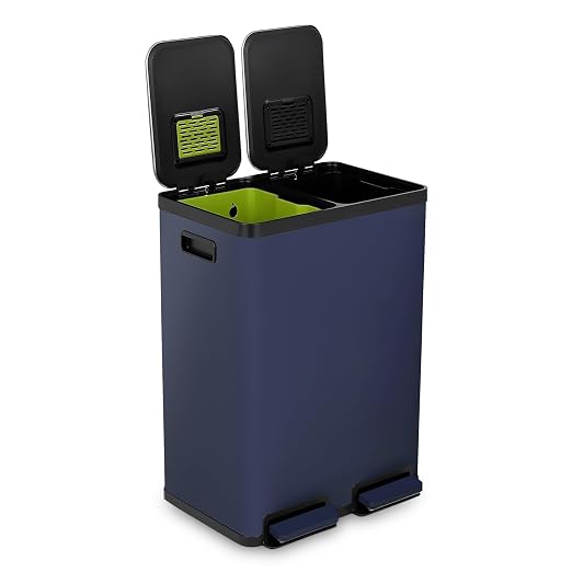 Simpli-Magic 60 Liter / 16 Gallon Rectangular Hands-Free Dual Compartment Recycling Kitchen Step Trash Can with Soft-Close Single Lid, Stainless Steel (30L x 30L Capacity) Blue