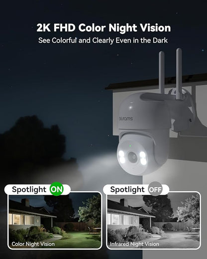 blurams 2Pack Security Cameras Outdoor Wired, 2K 360° PTZ Outdoor Security Camera, Weatherproof, 24/7 Recording with SD Card, Color Night Vision, AI Human Tracking, 2.4/5GHz WiFi6, Work with Alexa