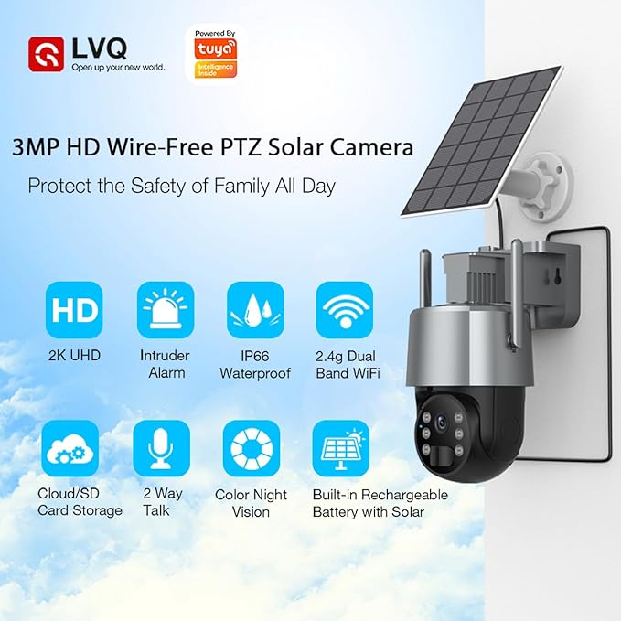 2K 3MP Tuya Solar Security Camera, Wireless Outdoor WiFi Camera w/ 360° PTZ, IP65, Battery Powered Surveillance Home Cam w/ Color Night Vision, PIR Sensor, 2-Way Audio, SD/Cloud Storage, App Alerts