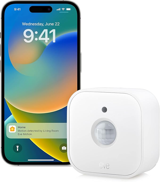 Eve Motion - Smart Motion Sensor with Light Sensor, IPX3 Water Resistance, Automatic Activation of Lights and Devices, Thread & Energy - Smart Plug, App and Voice Control, 100% Privacy