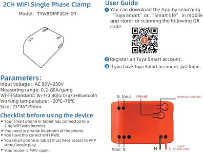 WiFi Smart Power Meter with 2pcs 80A Current Transformer Clamp,Tuya app 2-Way Bilateral Monitor Real Time KWh Eenrgy Electricity Voltage Statistics.
