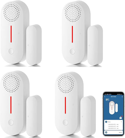 WiFi Door Window Sensor Alarm: Smart Door Sensor, Magnetic Contact Sensor Wireless for Home Security Burglar Alert, 90db Alarm & App Notification, Door Open Sensor Compatible with Alexa (4-Pack)