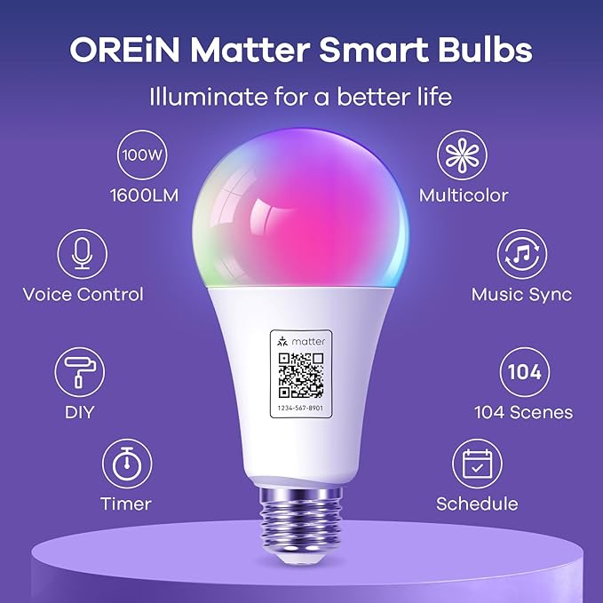 OREiN Matter Smart Light Bulb, A19 & A21 Smart Light Bulbs Work with Apple Home, Alexa, Google Home, SmartThings, Color Changing Light Bulbs 2.4Ghz WiFi, 800 & 1600Lumens Equivalent 60W 4Pack