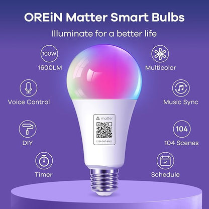 OREiN Matter Smart Light Bulb, A19 & A21 Smart Light Bulbs Work with Apple Home, Alexa, Google Home, SmartThings, Color Changing Light Bulbs 2.4Ghz WiFi, 800 & 1600Lumens Equivalent 60W 4Pack