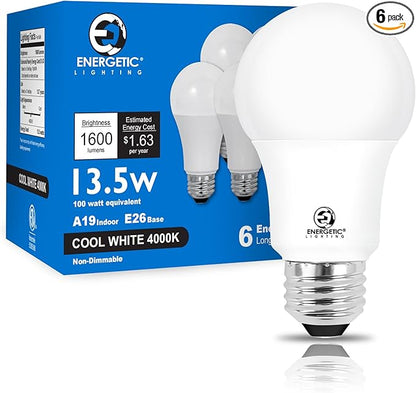 E ENERGETIC LIGHTING LED Light Bulbs 100 Watt Equivalent, 1600LM Super Bright, Non-Dimmable Cool White 4000K A19 LED Light Bulbs, E26 Standard Base, ETL Listed, 6 Packs