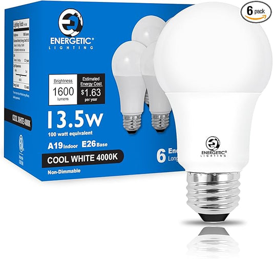 E ENERGETIC LIGHTING LED Light Bulbs 100 Watt Equivalent, 1600LM Super Bright, Non-Dimmable Cool White 4000K A19 LED Light Bulbs, E26 Standard Base, ETL Listed, 6 Packs