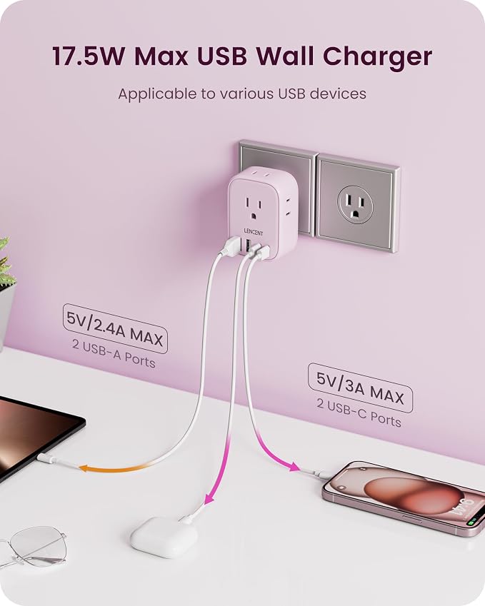 LENCENT Multi Plug Outlet Extender with USB C, Electrical Outlet Expander | with 4 AC & 4 USB Charger Cube, Small Multiple Wall Tap Plug Splitter for Home Office Travel Dorm Essentials - Pink