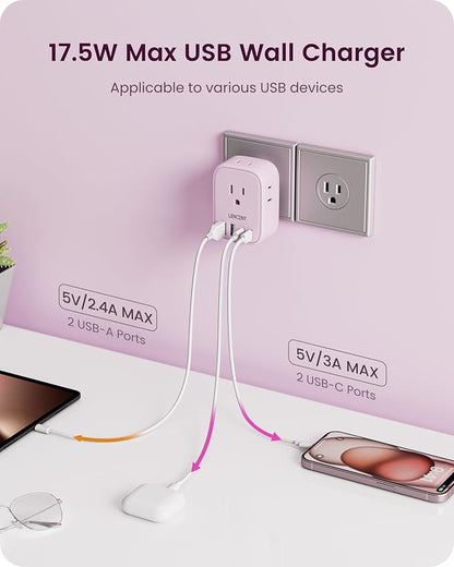 LENCENT Multi Plug Outlet Extender with USB C, Electrical Outlet Expander | with 4 AC & 4 USB Charger Cube, Small Multiple Wall Tap Plug Splitter for Home Office Travel Dorm Essentials - Pink
