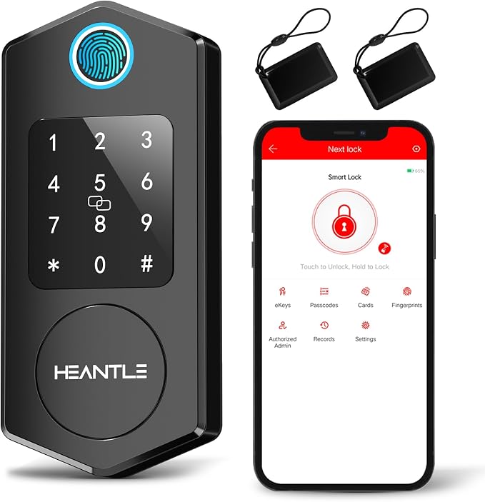 Keyless Entry Door Lock,HEANTLE Fingerprint Smart Deadbolts with Touchscreen Keypad for Front Door,Electronic Bluetooth Deadbolt with App Control,Auto Lock