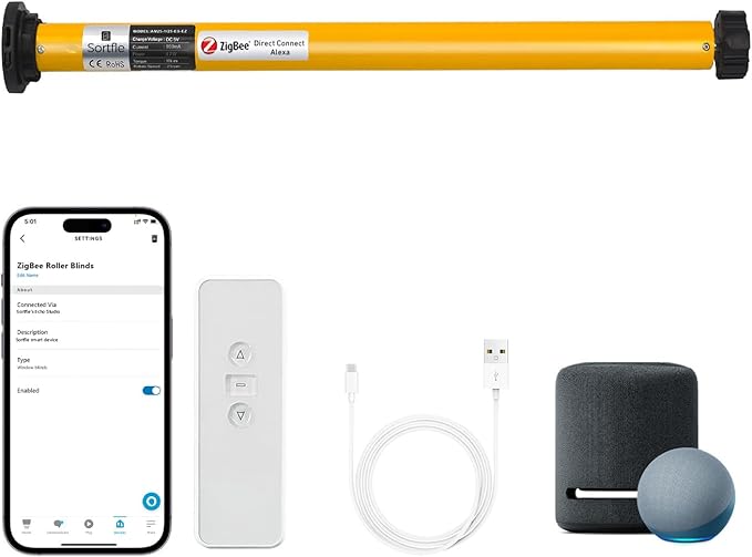 Smart Blinds Motor: AM25 Zigbee Roller Shade Motor with Rechargeable Battery for 1.5" (38mm) Roller Blinds Tube, Directly Connects to Amazon Echo, No Hub Required – Upgraded Motorized Blind