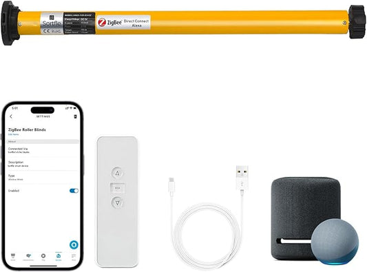 Smart Blinds Motor: AM25 Zigbee Roller Shade Motor with Rechargeable Battery for 1.5" (38mm) Roller Blinds Tube, Directly Connects to Amazon Echo, No Hub Required – Upgraded Motorized Blind