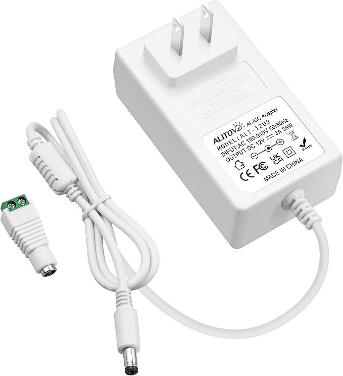 ALITOVE 12V Power Supply White 3A 36W AC Adapter 100-240V 50-60Hz to DC 12 Volt Power Cord 2A 1.5A 1A 5.5mmx2.5mm 2.1mm for LED Strip Light Lamp Digital Picture Frame Monitor Camera Router
