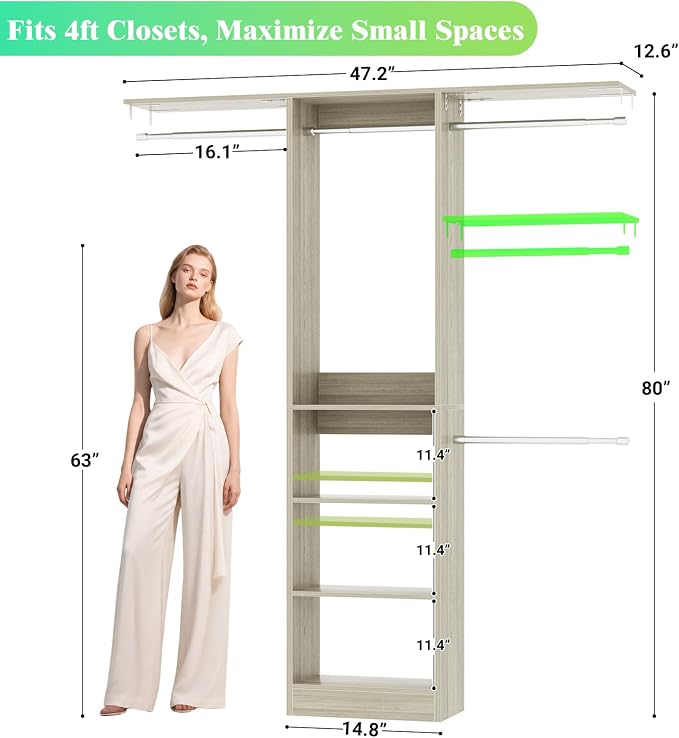 Besiost 4FT Small Closet Organizer System with 4 Hanging Rods & 3 Shelves | 48" Closet System for Small Closets, 80" H Small Closet Organizers and Storage for Bedrooms, Cloakrooms, White Oak