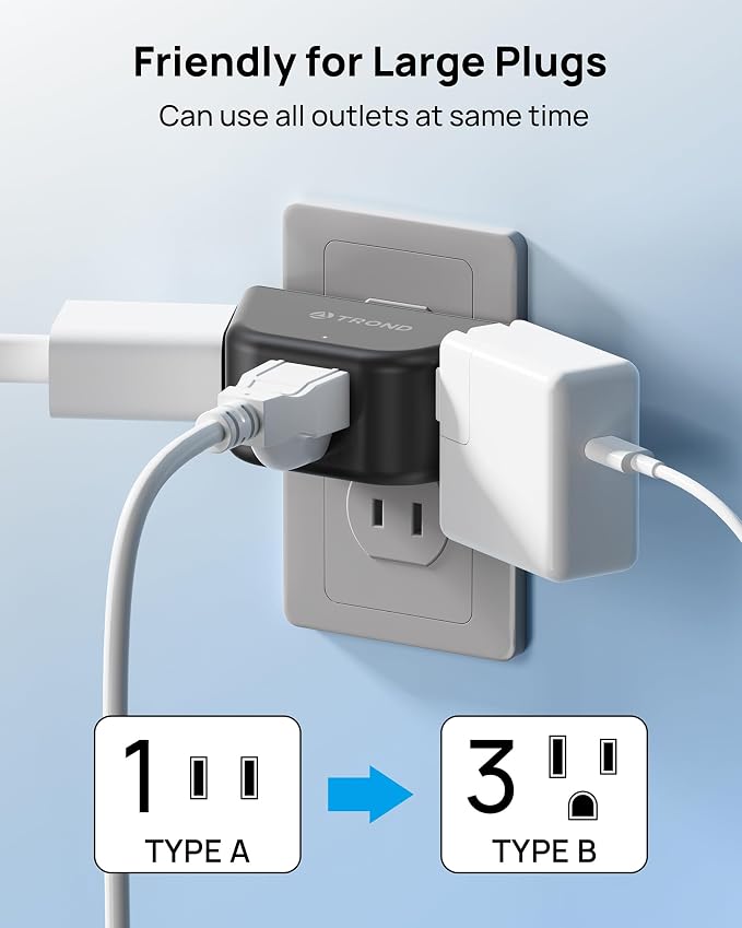 TROND 2 Prong to 3 Prong Outlet Adapter for Old House | 3-Sided Design Plug Extender with 3 AC Sockets, Wall Splitter for Non-Grounded Outlets in Bathroom Kitchen Travel, Black