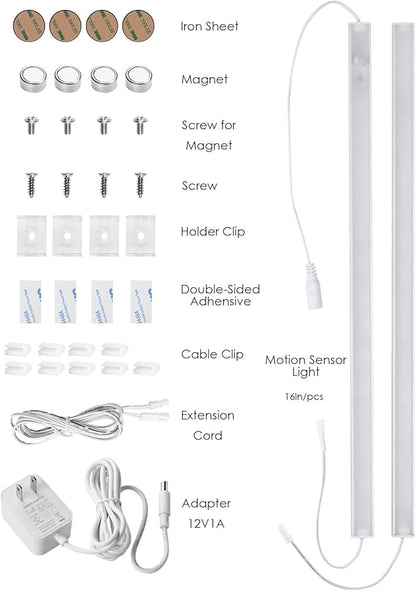 Under Cabinet Motion Sensor Lighting Indoor Plug in, 16" 12V LED Under Counter Lights Super Bright Ultra Thin Magnetic for Kitchen/Hallway/Toilet/Garage/Closet(Warm White/3000K, 2 Pack)