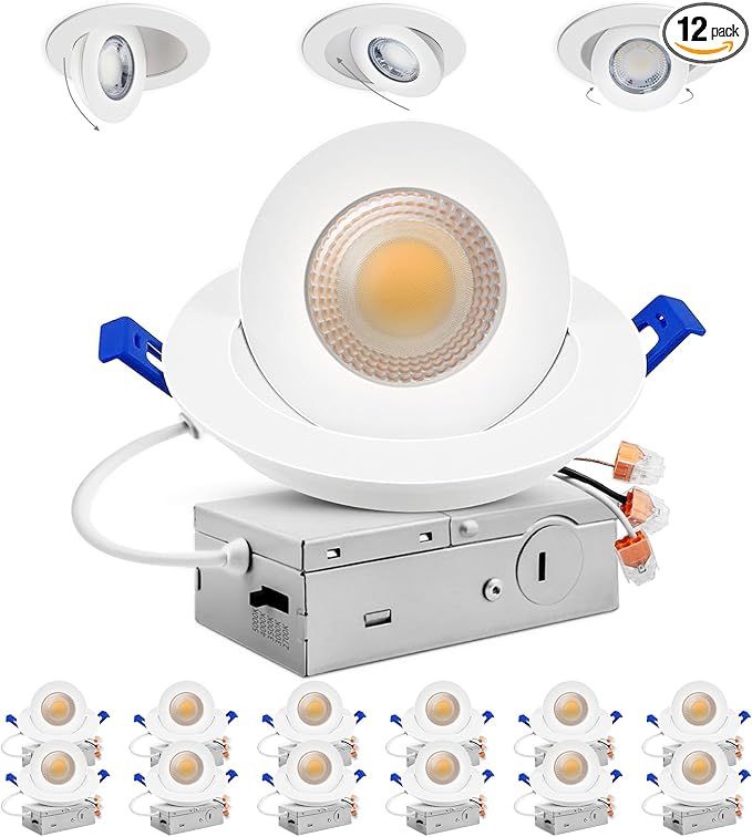 Adetu 4 Inch Gimbal LED Recessed Lights, 360+90 Adjustable Directional Recessed Lighting, 2700K/3000K/3500K/4000K/5000K Dimmable Retrofit Eyeball Can Lights with Jbox, ETL, White, 12 Pack