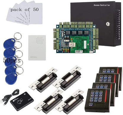 ANSI Standard North American Heavy Duty Electric Strike Lock TCP/IP Based 4 Doors Access Control Systems with 4 Door Wiegand Access Controller 110V-240V Power Supply Box Keypad Reader