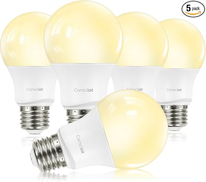 Consciot A19 LED Light Bulb,60W Equivalent,8.5W 3000K Warm White,E26 Base,800 Lumens Non-Dimmable,Energy Efficient LED Light Bulbs,UL Listed for Home Lighting,5-Pack