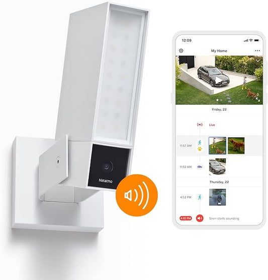 Netatmo Smart Outdoor Security Camera with 105-dB Siren & WiFi | Sends Alerts to Your Smartphone | Floodlight & Movement Detection | Night Vision | Security Without Monthly Fees (White)