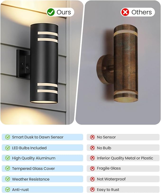 KIZON Dusk to Dawn Outdoor Lighting 2 Pack, Modern Outdoor Wall Lights Black Exterior Lighting Fixtures with LED Bulbs Included, Cylinder Outdoor Sconce Lights for House Porch, ETL Listed
