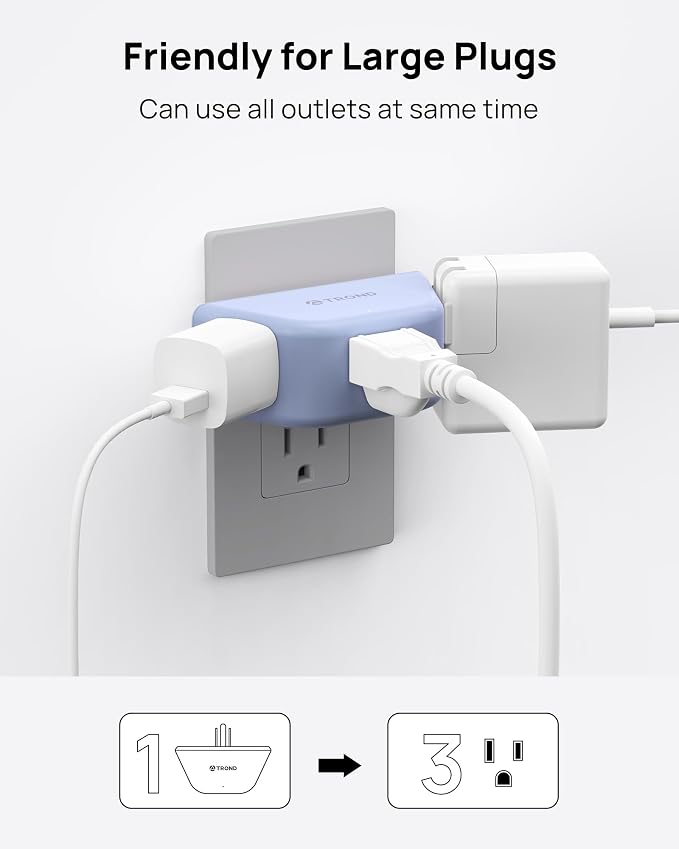 TROND Outlet Extender, 3 Way Angled Wall Plug Splitter, Blue | 3-Prong Grounded Outlet Adapter, Cruise Essentials, Compact and Practical Plug Expander for Home Decoration Travel Essentials