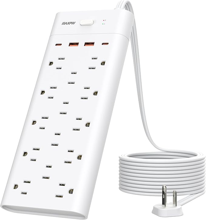 Power Strip, Surge Protector with 14 Outlets and 4 USB Ports (2 USB C), 10 Ft Flat Plug Extension Cord, 1700 Joules, Wall Mount for Home, Office, Dorm, White
