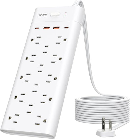 Power Strip, Surge Protector with 14 Outlets and 4 USB Ports (2 USB C), 10 Ft Flat Plug Extension Cord, 1700 Joules, Wall Mount for Home, Office, Dorm, White