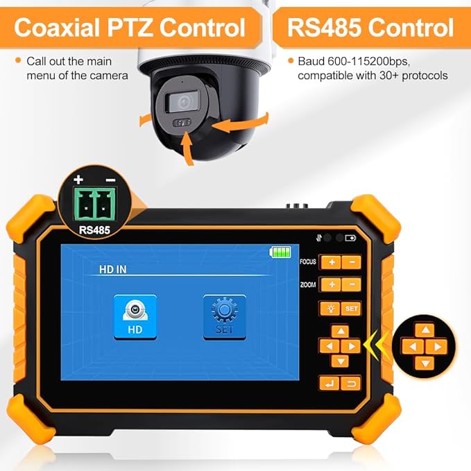 WSDCAM 4-in-1 HD CCTV Tester Monitor Auto HD Coaxial Camera Tester, Support 4K 8MP CVI/TVI/AHD/CVBS Analog Camera Test, 4.3 inch TFT-LCD Screen PTZ Control RS485 Call OSD Menu DC12V Power Output