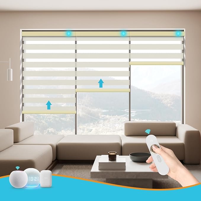 Motorized Zebra Blinds with Remote Smart Blind Work with Homekit Alexa SmartThings Electric Day and Night Shade Cordless Automatic Solar Powered Window Shade Customize(Wooden Texture Beige)