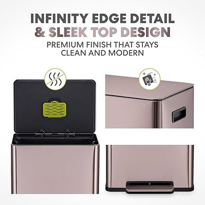 Simpli-Magic Infinity Edge 60 Liter / 16 Gallon Rectangular Hands-Free Extra Large Kitchen Step Trash Can, Soft-Close Single Lid Recycling Bin, Stainless Steel, Gold, 79681