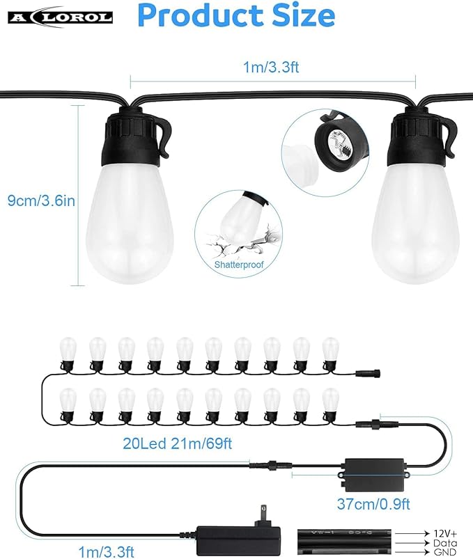 Aclorol 62FT Outdoor String Lights Globe Patio LED String Light Multi-Color Smart LED Bulbs Color Changing Music Sync Waterproof Outside Hanging Lights for Backyard Party Porch Cafe Garden Bar Decor