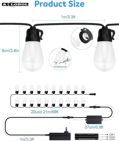Aclorol 62FT Outdoor String Lights Globe Patio LED String Light Multi-Color Smart LED Bulbs Color Changing Music Sync Waterproof Outside Hanging Lights for Backyard Party Porch Cafe Garden Bar Decor