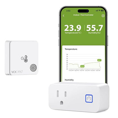MOCREO WiFi Room Thermometer Indoor Humidity Monitor, Smart Plug Hub | Hygrometer with app, email & audible alerts, smart-plug base run a heater or fan, add units later; bedroom, nursery, basement
