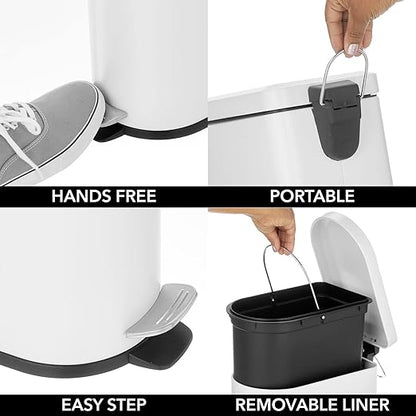mDesign 10 Liter/2.6 Gallon Stainless Steel Metal Step Trash Can Garbage Bin for Bathroom, Bedroom, Home Office - D-Shape Trashcan with Foot Pedal/Lid, Removable Liner Bucket with Handles, White