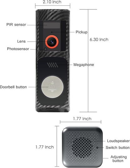 Doorbell Camera Wireless-Head PTZ Rotated 60°View, 2.4G WiFi Security Video Doorbell with Chime,Battery Powered,2K Full HD & Night Vision with Two-Way Talk, Smart Human Detection
