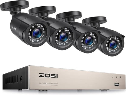 ZOSI 8CH CCTV Camera System, H.265+ 5MP Lite DVR Recorder with 4 x 1080P Outdoor Indoor Security Bullet Cameras, AI Human Vehicle Detection, 80ft Night Vision, Remote Access, NO Hard Drive