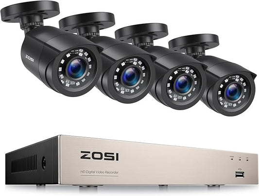ZOSI 8CH CCTV Camera System, H.265+ 5MP Lite DVR Recorder with 4 x 1080P Outdoor Indoor Security Bullet Cameras, AI Human Vehicle Detection, 80ft Night Vision, Remote Access, NO Hard Drive
