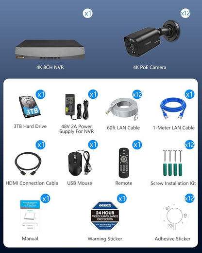 OOSSXX (2026 Update) 4K PoE Security Camera System w/PIR & AI Human Detection, 12CH NVR w/ 3TB HDD, 4 Cameras, 130° Ultra Wide Angle, 45-Day Recording, 2-Way Audio, Remote Control, No Monthly Fee