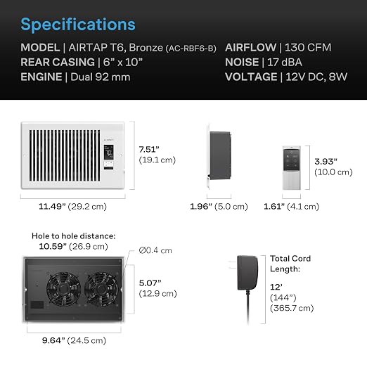 AC Infinity AIRTAP T6, White Register Booster Fan for 6”x10” Openings | LCD Temperature Controller and Remote, Bluetooth, Quiet 10-Speeds