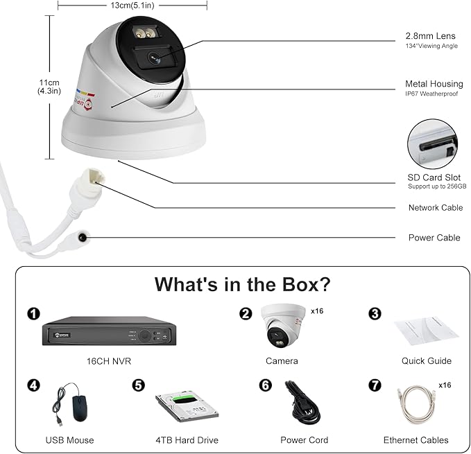 Anpviz 4K 16CH PoE Security Camera System, Smart Color Night Vision, 8X H.265+ Wired 8MP IP Cameras Outdoor with Mic, Human Vehicle Detection, 4TB HDD 16 Channel 12MP NVR, 24/7 Recording(H Series) ﻿﻿