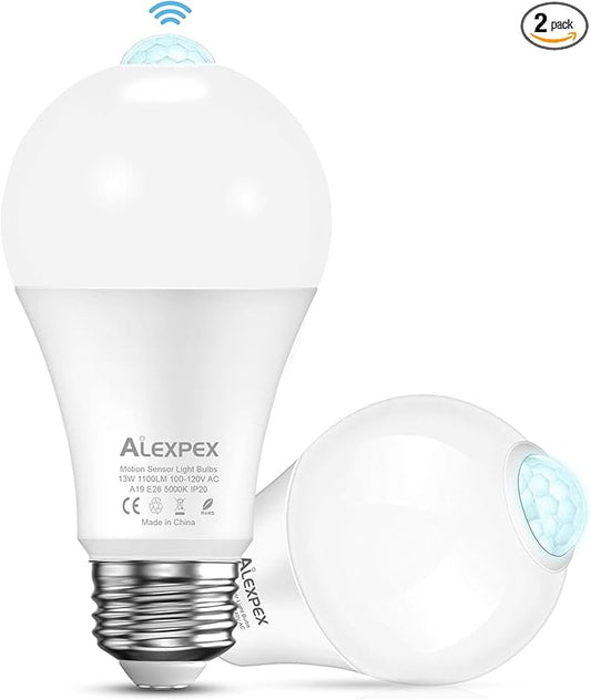 Motion Sensor LED Bulbs with Auto Dusk/Dawn, 13W 1100LM 5000K Daylight, A19 E26 Smart PIR Sensor Lightbulb Outdoor Security Light for Garages Porches Patio Entrances, 100W Equivalent, 2 Pack