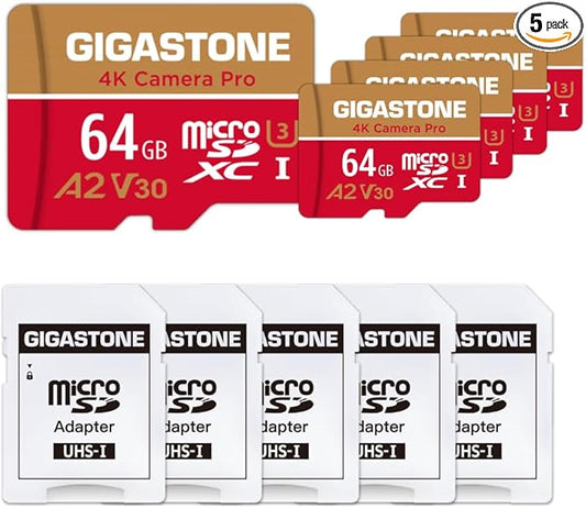 【5-Years Data Recovery】 GIGASTONE 64GB Micro SD Card 5-Pack, 4K Camera Pro, A2 V30 Compatible with Gopro, Dash Cam, DJI, Drone, Security Camera, Speed Up to 95MB/s, UHS-I U3 C10, with Adapter