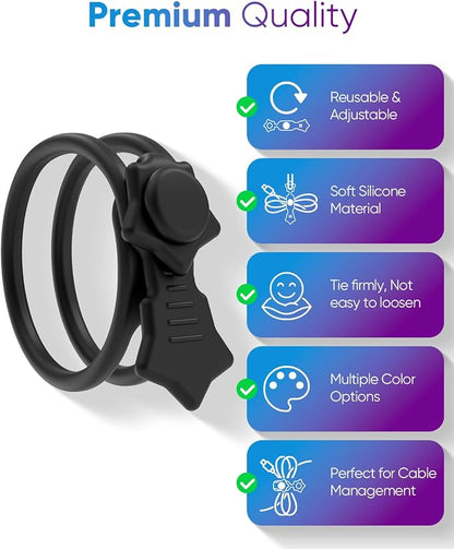 Silicone Cable Ties 16PCS Reusable Cord Organizer for Home Travel | Cord Organizer for Charging Cables, Data Cables & Computer Wires, Multipurpose Elastic Cable Management Straps（Black）