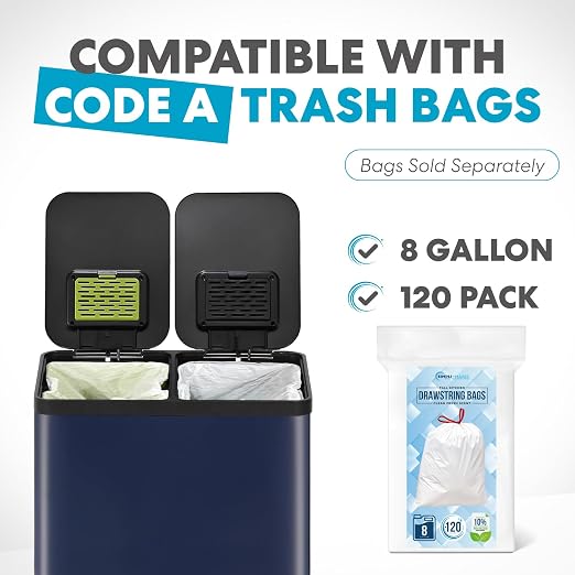 Simpli-Magic 60 Liter / 16 Gallon Rectangular Hands-Free Dual Compartment Recycling Kitchen Step Trash Can with Soft-Close Single Lid, Stainless Steel (30L x 30L Capacity) Blue
